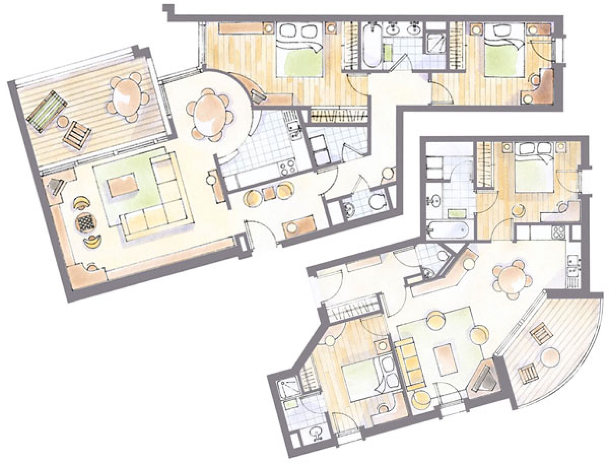 plan meublé 2D,façon illustré à aquarelle réalisé par Emmanuel Passieux.